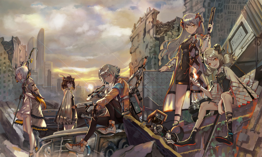 5girls arknights armband artist_name bangs blonde_hair bob_cut brown_hair building car cityscape cloak closed_eyes clouds cloudy_sky dress feathers fire glasses grey_eyes grin ground_vehicle high_collar highres horns ifrit_(arknights) jacket lens_flare long_hair looking_at_viewer mayer_(arknights) mechanical_arm motor_vehicle multiple_girls name_tag orange_jacket ore_lesion_(arknights) pantyhose pencil_(pixiv_9969380) platinum_blonde_hair ptilopsis_(arknights) robot ruins saria_(arknights) semi-rimless_eyewear shield shoes short_hair silence_(arknights) sky skyscraper smile sneakers staff sunset twintails white_coat white_dress wreckage yellow_eyes