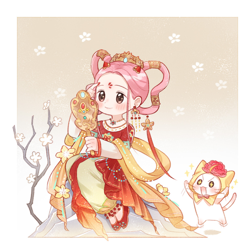 +_+ 1girl ahoge animal applying_makeup applying_own_makeup artist_request baggy_pants border bow bowtie branch brown_background cat cheering chinese_clothes cloak clothed_animal deformed ear_covers earrings facepaint facial_mark floral_background flower flower_facial_mark flower_on_head flower_symbol forehead forehead_mark full_body gold_earrings gold_tiara gradient_background grey_pants hagoromo hair_ornament hair_ribbon hair_tubes hand_mirror hanfu happy highres holding holding_mirror hood hood_up hooded_cloak jewelry jumping layered_sleeves long_sleeves looking_at_another looking_at_reflection lotus mirror momo_(nikki) motion_lines nikki_(nikki) nikki_(series) official_art on_rock pants pink_flower pink_hair red_bow red_bowtie red_hanfu red_ribbon red_shoes ribbon second-party_source shadow shawl shining_nikki shoes short_hair short_over_long_sleeves short_sleeves sitting sparkling_drum_(shining_nikki) sparkling_eyes traditional_bowtie waving_arms whiskers white_border white_cat white_flower yellow_cloak