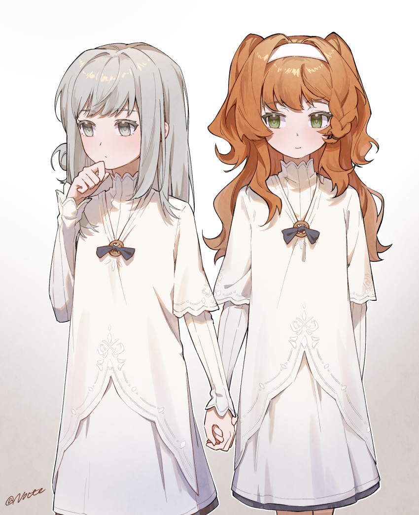 2girls absurdres aged_down artist_name braid braided_sidelock child chinese_commentary commentary_request dress enioreh facing_away feet_out_of_frame green_eyes grey_eyes grey_hair hair_bun hair_intakes hairband hand_up high_collar highres holding_hands jewelry layered_sleeves long_hair long_sleeves looking_at_another multiple_girls necklace orange_hair reverse:1999 short_over_long_sleeves short_sleeves sidelocks simple_background single_side_bun sonetto_(reverse:1999) standing two_side_up vertin_(reverse:1999) wavy_hair white_background white_dress white_hairband