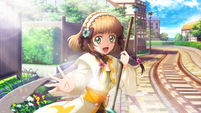 1girl artist_request black_ribbon black_unitard blue_sky breasts broom brown_hair bush clouds coat cowboy_shot day fence flower game_cg green_eyes hair_flower hair_ornament hairband highres holding holding_broom house leia_rolando looking_at_viewer official_art open_mouth ribbon road short_hair sky smile solo street sunlight tales_of_(series) tales_of_crestoria tales_of_xillia third-party_source town white_coat