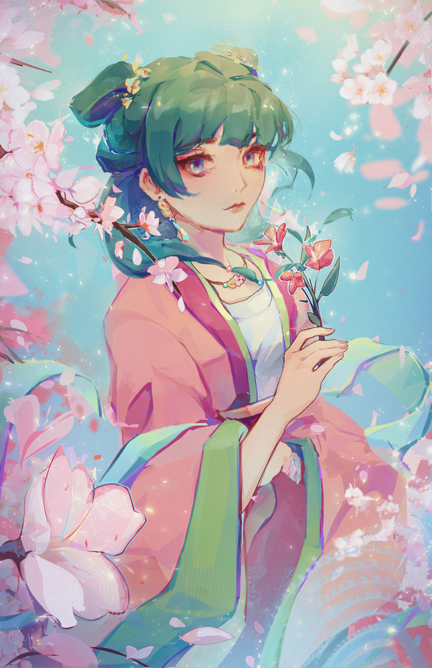 1girl absurdres blue_eyes blue_sky blunt_bangs cherry_blossoms closed_mouth cowboy_shot double_bun earrings eyeliner flower green_hair hair_bun highres holding holding_flower jeunny jewelry kusuriya_no_hitorigoto looking_at_viewer makeup maomao_(kusuriya_no_hitorigoto) petals pink_petals red_eyeliner sidelocks sky solo wide_sleeves