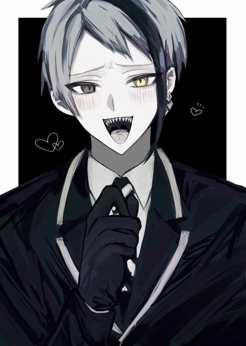 1boy black_gloves black_jacket border collared_shirt commentary_request earrings gloves heart heterochromia highres jacket jade_leech jewelry long_sleeves looking_at_viewer male_focus necktie open_mouth sharp_teeth shirt short_hair solo striped_clothes striped_necktie teeth twisted_wonderland upper_body white_border yano_(zri_088)