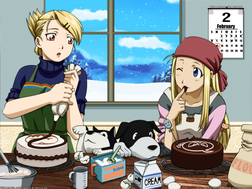 2girls bandana black_hayate blonde_hair blue_eyes brown_eyes cake chocolate cooking den_(fullmetal_alchemist) dog food fullmetal_alchemist hair_ornament hairclip highres multiple_girls pastry riza_hawkeye sleeves_rolled_up snow wallpaper winry_rockbell