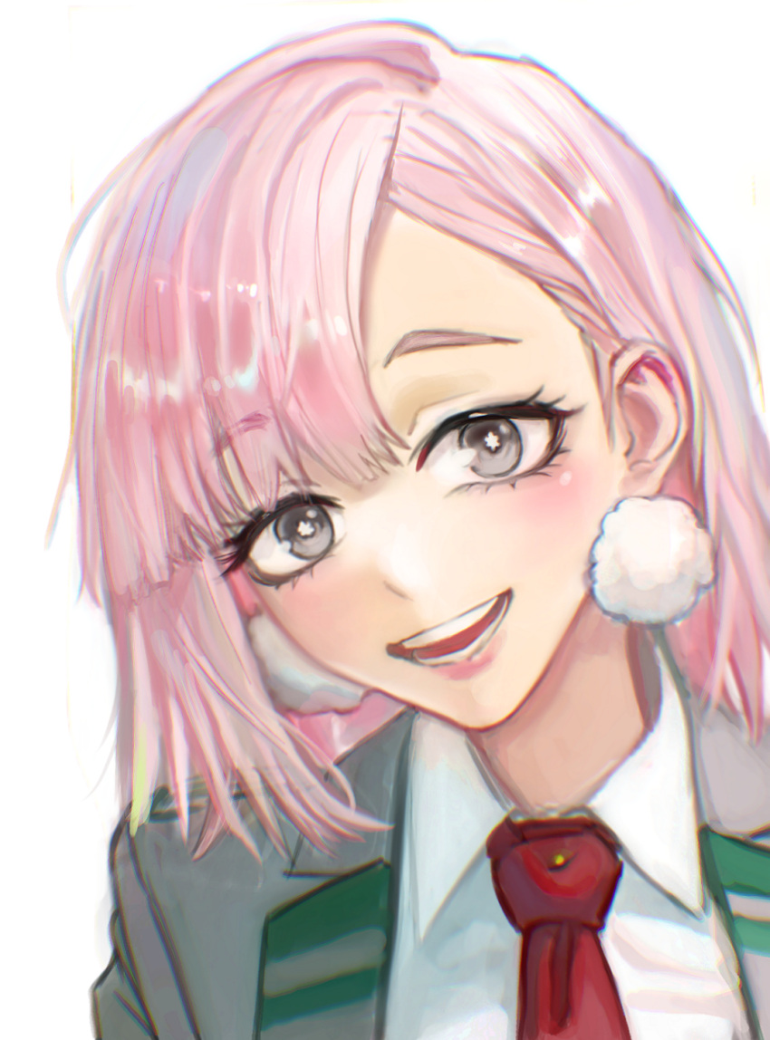1girl :d boku_no_hero_academia bright_pupils byeol_geo chromatic_aberration commentary earrings flower-shaped_pupils fuwa_mawata grey_eyes grey_jacket hair_behind_ear highres jacket jewelry light_blush looking_at_viewer medium_hair necktie open_mouth pom_pom_(clothes) red_necktie school_uniform shirt smile solo star-shaped_pupils star_(symbol) symbol-shaped_pupils u.a._school_uniform untranslatable_commentary white_background white_pupils white_shirt