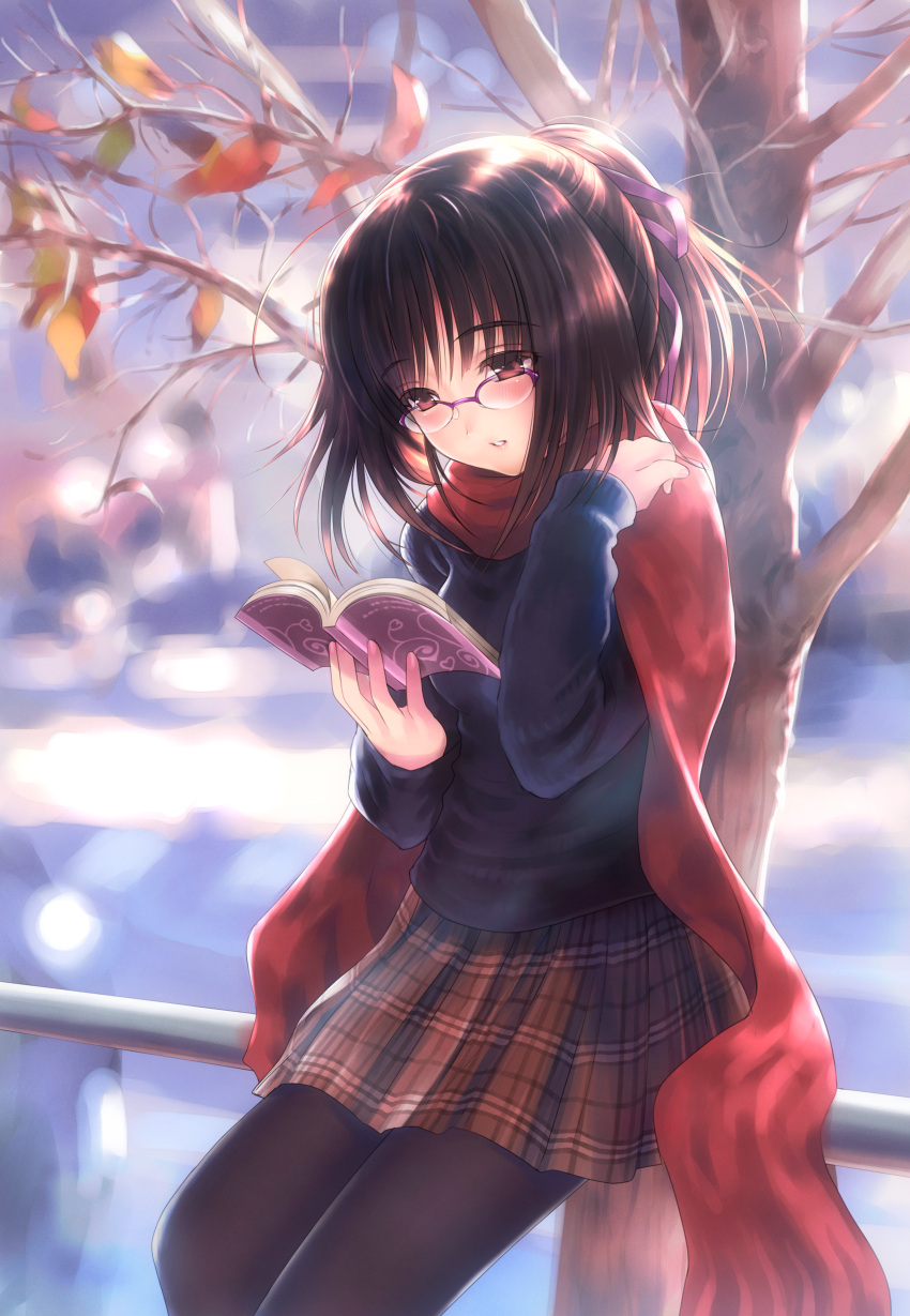 black_pantyhose glasses goto_p glasses original pantyhose scarf skirt sweater tights