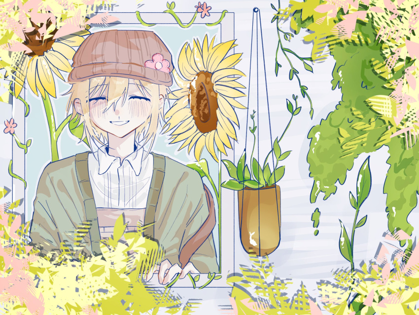 1boy basil_(birthday)_(omori) basil_(faraway)_(omori) basil_(omori) blonde_hair blush brown_hat cardigan closed_eyes collared_shirt commentary danmuji_07 double-parted_bangs english_commentary green_cardigan hair_between_eyes hat highres long_sleeves male_focus newsboy_cap official_alternate_costume omori open_cardigan open_clothes open_mouth shirt short_hair sidelocks smile solo white_shirt