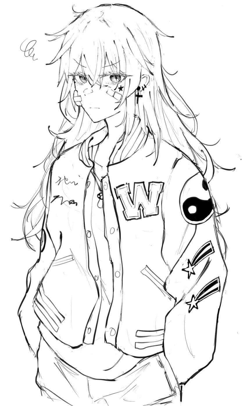 1girl absurdres alternate_costume bandaid bandaid_on_face closed_mouth commentary contemporary cross cross_earrings deburi276 ear_piercing earrings english_commentary greyscale hands_in_pockets highres jacket jewelry kirisame_marisa long_hair looking_at_viewer monochrome mushroom necklace no_headwear open_clothes open_jacket pants pendant piercing sketch solo squiggle star_(symbol) star_print touhou yin_yang yin_yang_print