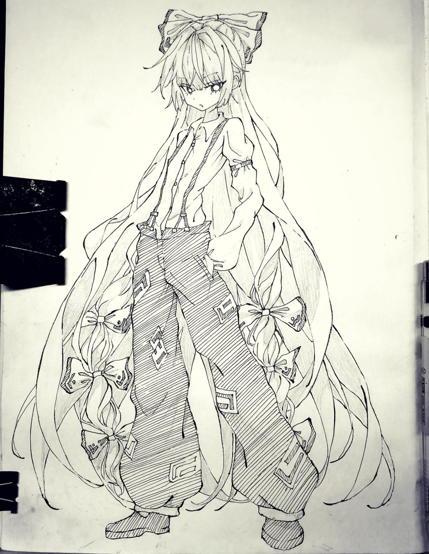 1girl bow collared_shirt commentary deburi276 fujiwara_no_mokou full_body greyscale hair_bow hands_in_pockets highres long_hair long_sleeves looking_at_viewer monochrome multiple_hair_bows ofuda ofuda_on_clothes pants photo_(medium) shirt shoes solo suspenders touhou traditional_media very_long_hair