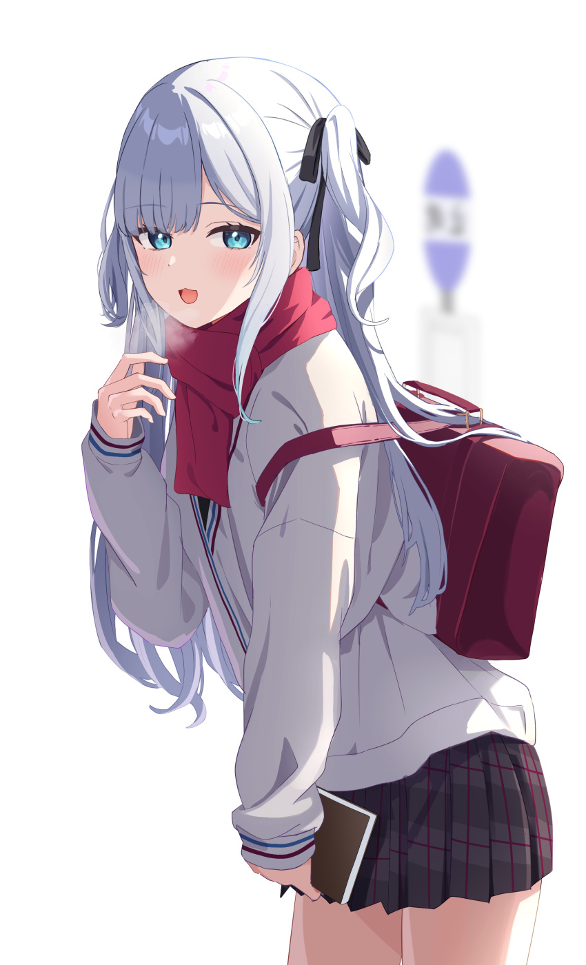 1girl :3 absurdres bag black_ribbon blue_eyes blurry blurry_background book breath commentary_request cowboy_shot gerbera152 grey_hair grey_skirt hair_ribbon highres holding holding_book kaga_sumire kaga_sumire_(9th_costume) long_hair long_sleeves looking_at_viewer open_mouth plaid_clothes plaid_skirt pleated_skirt red_bag red_scarf ribbon scarf school_bag school_uniform skirt sleeves_past_wrists smile solo sweater two_side_up virtual_youtuber vspo! white_background white_sweater