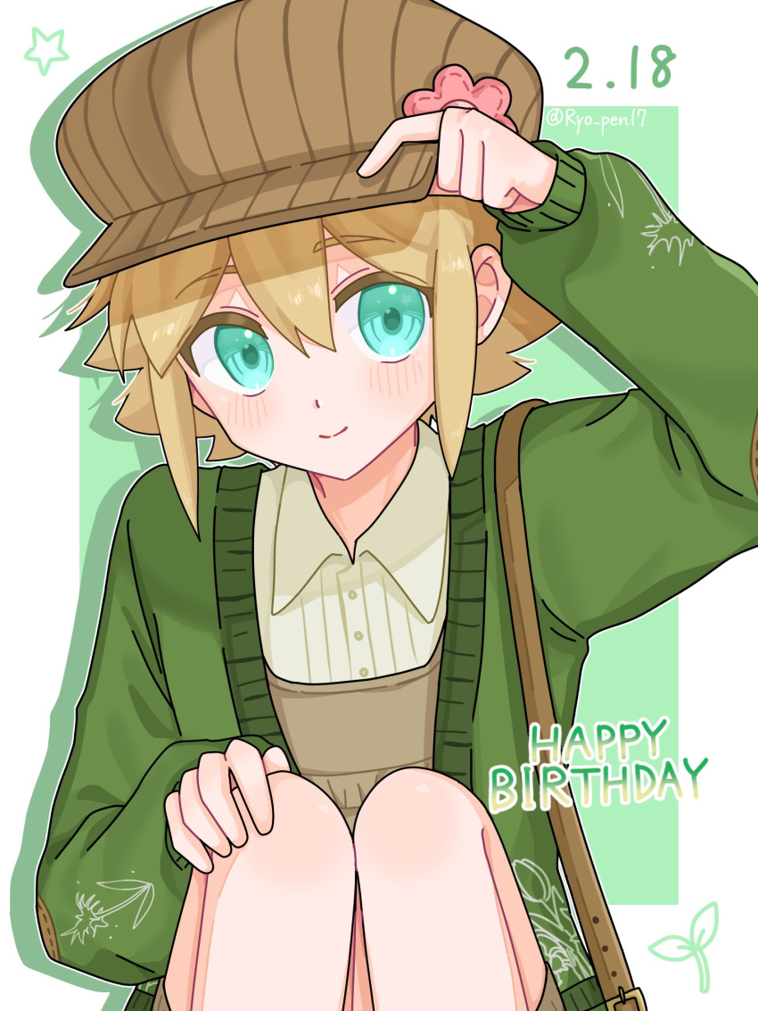 1boy arm_up artist_name basil_(birthday)_(omori) basil_(faraway)_(omori) basil_(omori) blonde_hair blue_eyes blush brown_hat cardigan closed_mouth collared_shirt commentary dated double-parted_bangs english_commentary green_cardigan hair_between_eyes hand_on_own_knee happy_birthday hat highres knees_up long_sleeves looking_at_viewer male_focus newsboy_cap official_alternate_costume omori open_cardigan open_clothes ryo_pen17 shirt short_hair sidelocks smile solo twitter_username white_shirt
