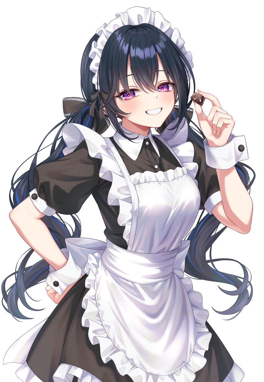 1girl absurdres apron black_bow black_dress black_hair bow candy chocolate choppy_bangs collared_dress commentary_request cowboy_shot dress food frilled_apron frills grin hair_bow hand_up highres holding holding_candy holding_food ichinose_uruha long_hair looking_at_viewer maid maid_apron maid_headdress sasamisable short_sleeves simple_background smile solo standing twintails very_long_hair violet_eyes virtual_youtuber vspo! white_apron white_background white_wrist_cuffs wrist_cuffs