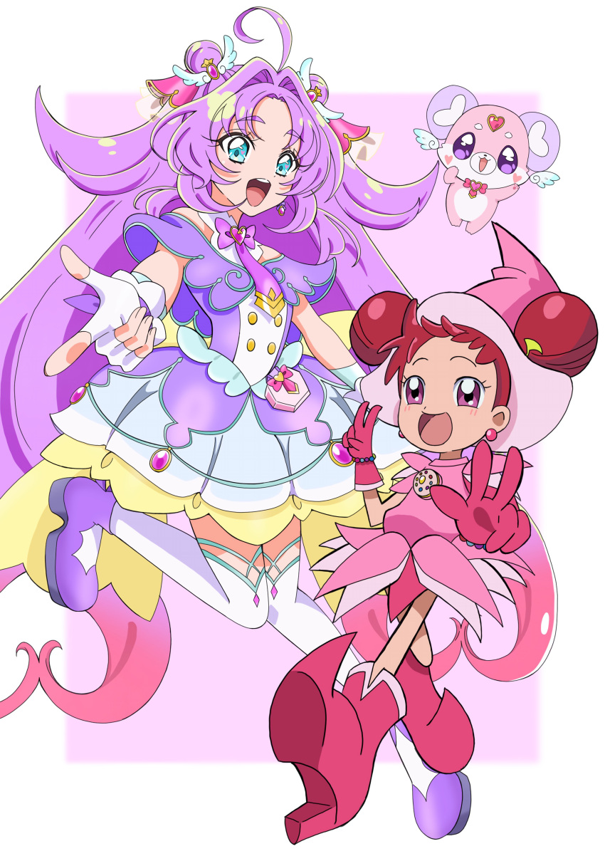 2girls :d absurdres ahoge akechi_anna aqua_trim back_bow bare_shoulders bead_bracelet beads blue_eyes blurry blurry_background blush blush_stickers boots border bow bracelet brooch buttons capelet commentary company_connection creature crossed_legs crossover cure_answer curtained_hair double-breasted double_bun dress earrings fairy finger_gun fingerless_gloves fingernails full_body glove_bow gloves gold_buttons hair_bun hair_flaps hair_intakes hair_ornament hairstyle_connection hands_up harukaze_doremi hat heart heart-shaped_blush_stickers heart_brooch heart_in_eye highres impossible_hair index_finger_raised jewelry knees_together_feet_apart layered_dress leg_up long_hair looking_at_viewer magical_girl meitantei_precure! morishita_(moricuremori) multiple_girls musical_note musical_note_hair_ornament off-shoulder_dress off_shoulder ojamajo_doremi open_mouth pact_holder parted_bangs peperuto_pollon pink_boots pink_dress pink_eyes pink_gloves pink_hat platform_boots pleated_dress pochi-tan pointy_boots precure purple_background purple_boots purple_capelet purple_dress purple_hair red_hair short_sleeves sidelocks smile sphere_earrings symbol_in_eye teeth thick_eyebrows thigh-highs toei_company upper_teeth_only v very_long_hair w white_border white_gloves white_thighhighs wing_hair_ornament witch witch_hat yellow_bow