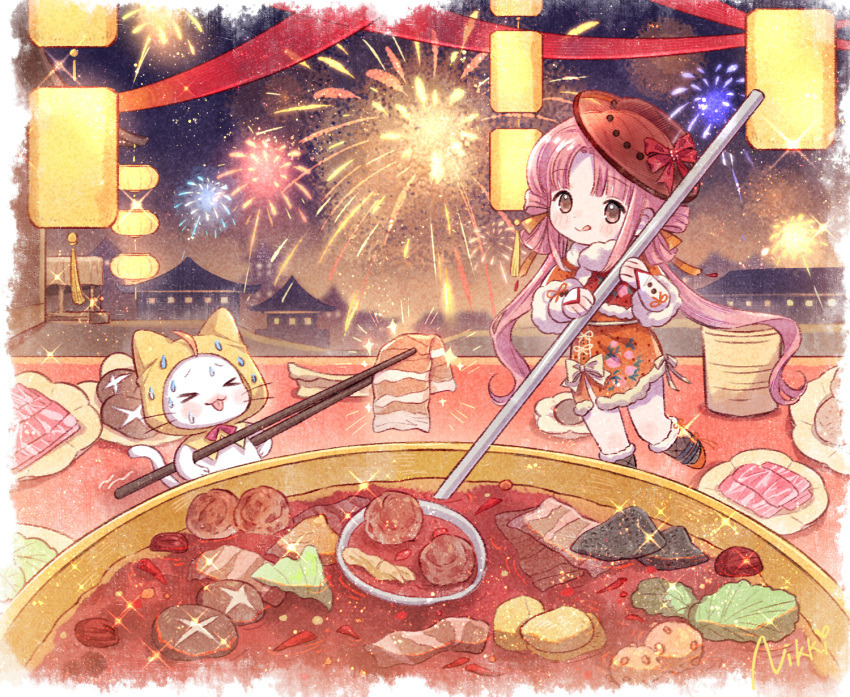 >_< 1girl :q aerial_fireworks animal artist_request beads black_leg_warmers blunt_bangs bow bowtie brown_eyes cat chibi chopsticks cloak closed_mouth clothed_animal copyright_name dot_nose dress dress_bow ear_covers fireworks fish food food_print fruit_print fur-trimmed_dress fur-trimmed_jacket fur-trimmed_leg_warmers fur-trimmed_sleeves fur_trim happy hat hat_bow highres holding holding_chopsticks holding_ladle holding_with_chopsticks hood hood_up hooded_cloak hot hotpot infinity_nikki jacket ladle lantern layered_sleeves leg_warmers light_blush light_particles long_hair long_sleeves meat momo_(nikki) mushroom night nikki_(nikki) nikki_(series) official_alternate_color official_art outdoors oversized_food oversized_object paper_lantern parted_bangs peach_print pink_hair print_dress red_bow red_bowtie red_dress red_hat red_jacket red_shoes second-party_source see-through_clothes see-through_headwear shoes short_dress skyline sleeves_past_wrists smile sparkle sweat tareme tasting_the_world_(infinity_nikki) tongue tongue_out twintails very_long_hair wavy_hair white_bow white_cat yellow_cloak