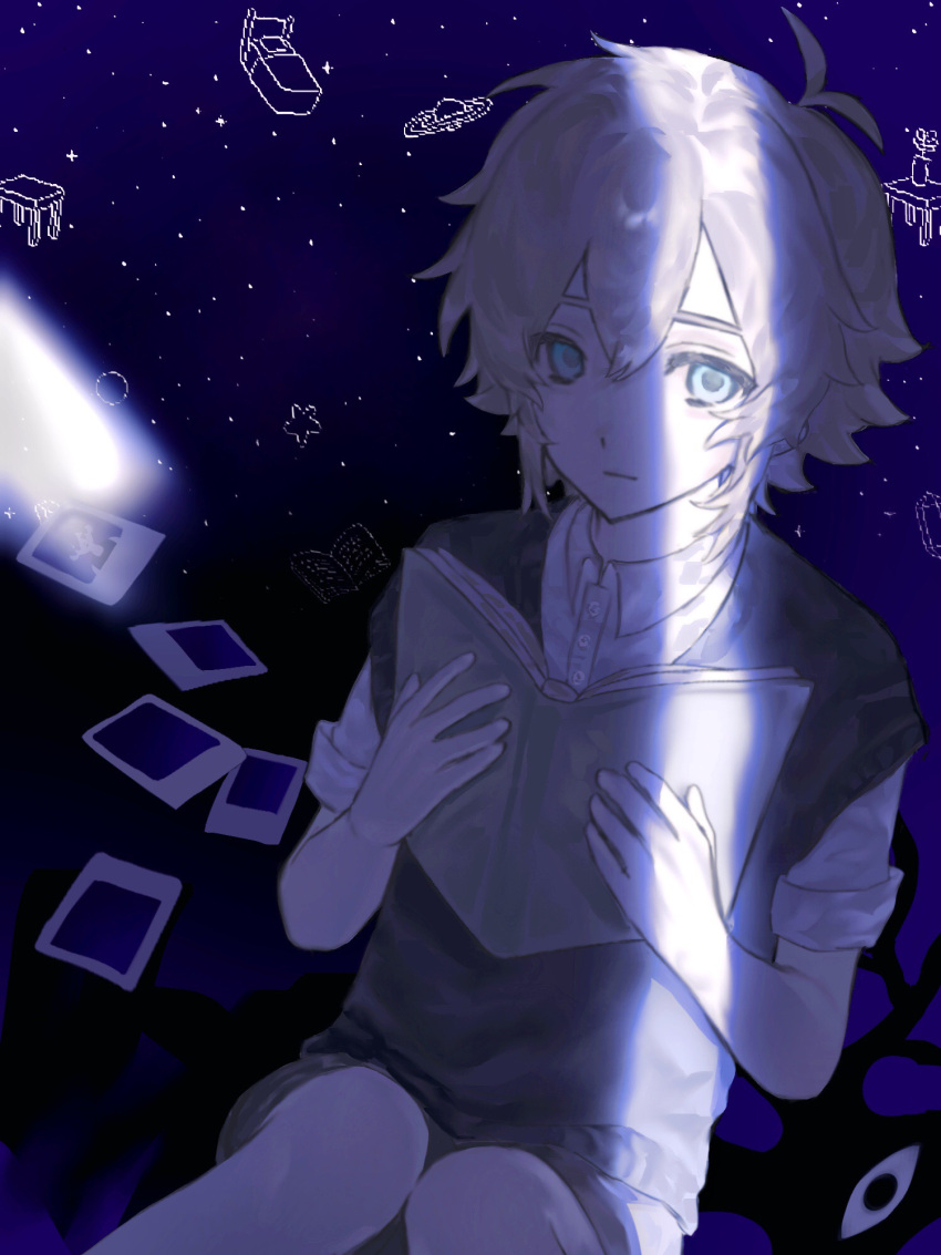 1boy :| androgynous antenna_hair bare_arms basil_(faraway)_(omori) basil_(omori) black_background black_sweater_vest blonde_hair blue_background blue_eyes book brown_shorts buttons closed_mouth collared_shirt commentary crack_of_light dated_commentary double-parted_bangs english_commentary expressionless flipped_hair from_above hair_between_eyes hands_up happy_birthday highres holding holding_book knees_up male_focus omori omori_(omori) open_book photo_(object) shirt short_hair shorts sidelocks simple_background sitting solo something_(omori) sparkle star_(symbol) sweater_vest white_background xiaocaoyuanzishangpiaozhebaizhangdai