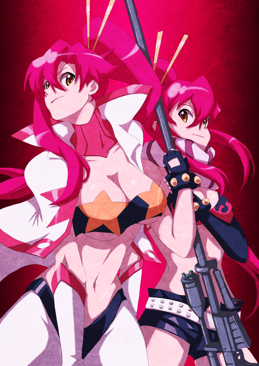 belt bikini_top breasts cleavage dual_persona gun highres large_breasts long_hair p_p_p_s pink_hair ponytail short_shorts shorts studded_belt tengen_toppa_gurren_lagann thigh-highs time_paradox yellow_eyes yoko yoko_littner