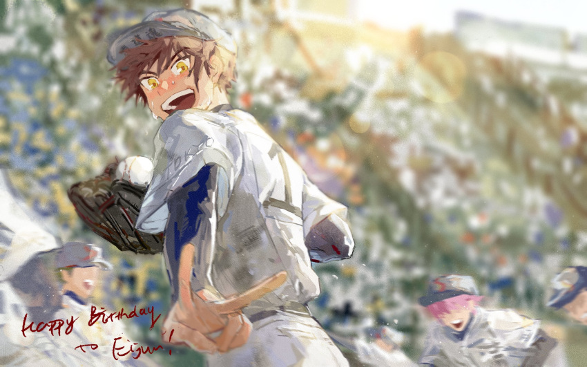 4boys ace_of_diamond ball baseball_(object) baseball_cap baseball_jersey baseball_mitt baseball_stadium baseball_uniform blurry blurry_background blush brown_hair chinese_commentary commentary_request compression_shirt crowd english_text happy happy_birthday hat highres holding holding_ball jersey kominato_haruichi kuramochi_youichi layered_sleeves long_sleeves looking_at_viewer male_focus multiple_boys nian_rt open_mouth outdoors sawamura_eijun short_over_long_sleeves short_sleeves smile solo_focus sportswear sunlight sweat v yellow_eyes