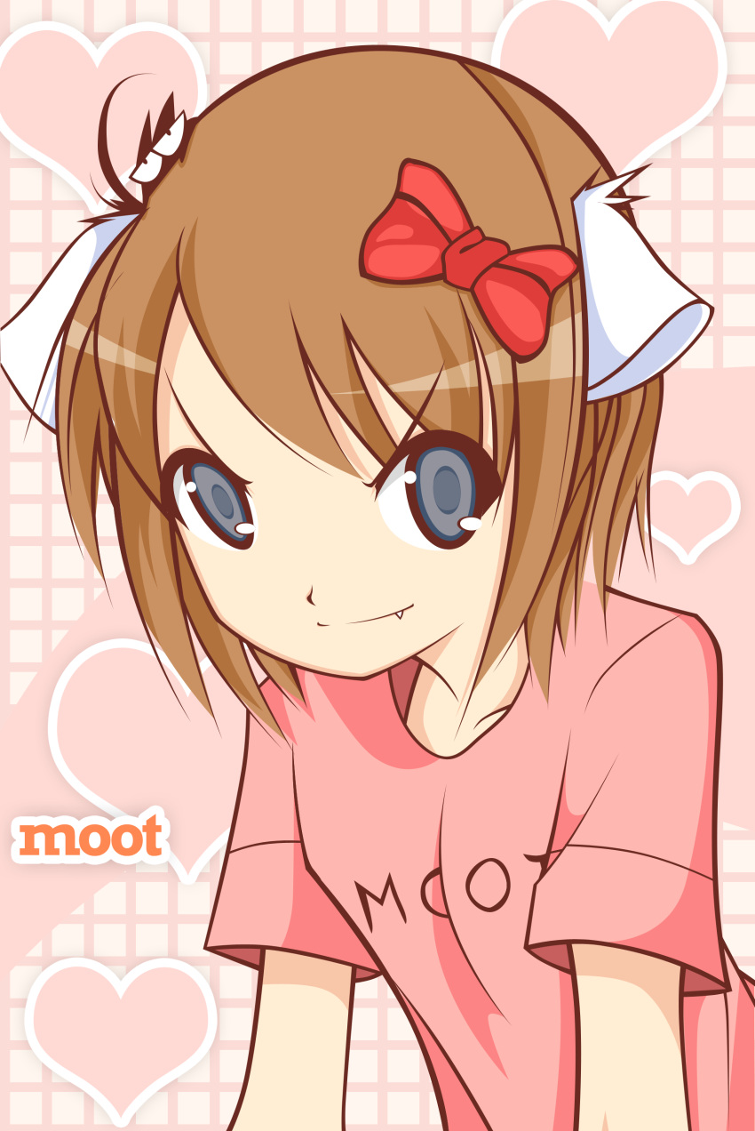 4chan absurdres animal_ears bow brown_hair fang grey_eyes hair_bow hair_ribbon heart highres moot nekomimi ribbon short_hair smile solo