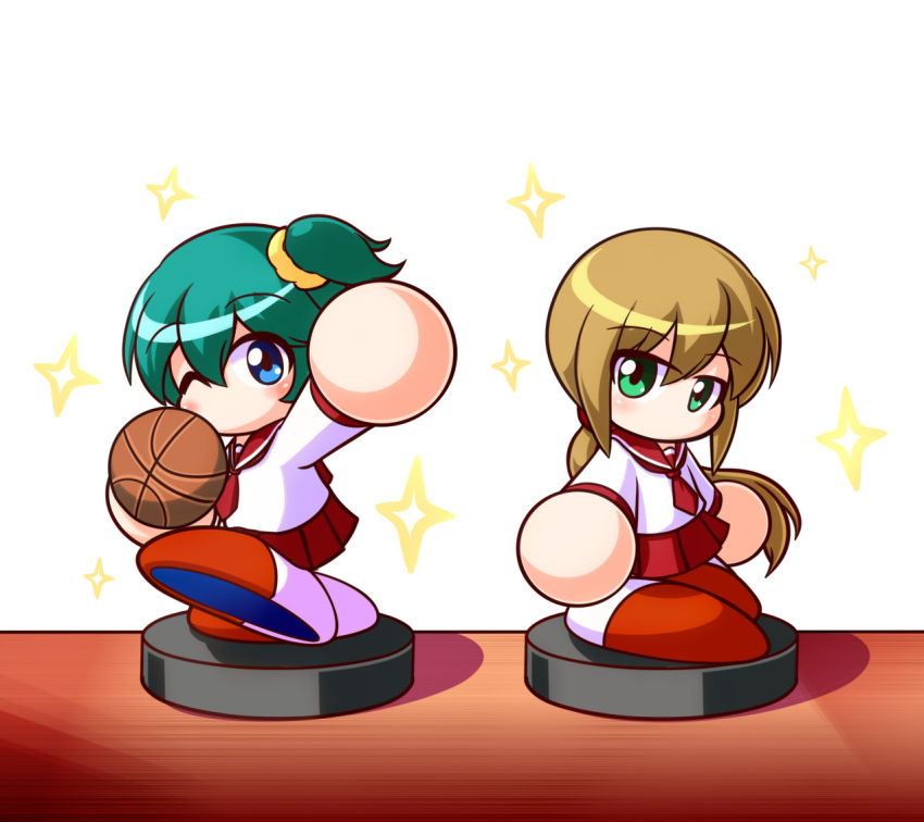 2girls arm_up asouuuu ball basketball_(object) blonde_hair blue_eyes brown_shoes commentary_request expressionless figure green_eyes green_hair hair_ornament hair_scrunchie holding holding_ball jikkyou_powerful_pro_yakyuu jikkyou_powerful_pro_yakyuu_(style) kawata_yurari long_hair low_ponytail multicolored_shoes multiple_girls nanashima_asami necktie no_mouth one_eye_closed one_side_up ponytail power_pro_kun_pocket power_pro_kun_pocket_13 rayman_limbs red_necktie red_sailor_collar red_skirt sailor_collar school_uniform scrunchie shirt shoes short_hair skirt smile sparkle table two-tone_shoes white_shirt white_shoes yellow_scrunchie