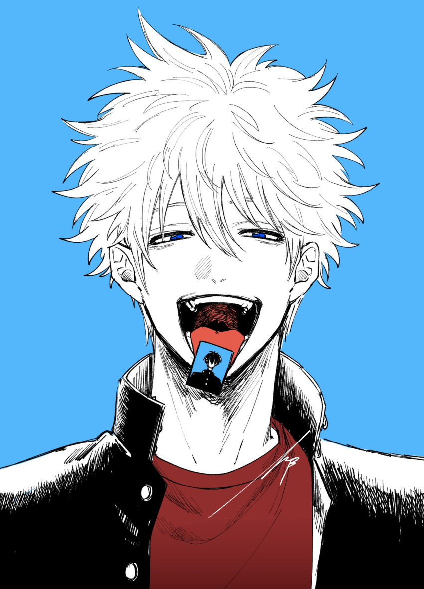 2boys alternate_costume black_jacket blue_background blue_eyes card gakuran gintama greyscale_with_colored_background hair_between_eyes highres jacket looking_at_viewer male_focus multiple_boys not06 open_mouth red_shirt sakata_gintoki school_uniform shirt short_hair simple_background smile solo spot_color teeth tongue tongue_out upper_body white_hair