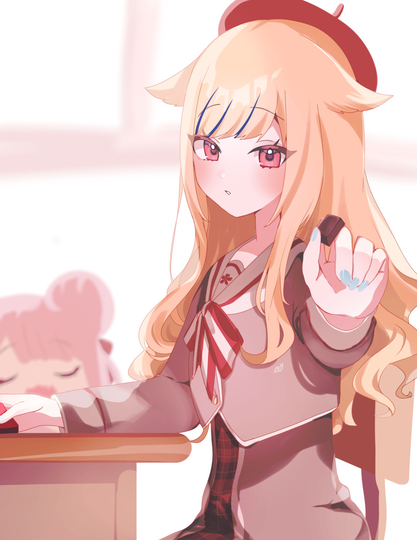 1girl absurdres beret black_hair blue_hair bow bowtie chair chocolate desk food green_nails grey_shirt grey_vest hair_flaps hat highres himehina_channel holding holding_food iroiro3dayo long_hair long_sleeves looking_at_viewer multicolored_hair nail_polish on_chair pink_eyes red_bow red_bowtie red_hat shirt sitting solo streaked_hair striped_bow striped_bowtie striped_clothes suzuki_hina vest white_bow white_bowtie