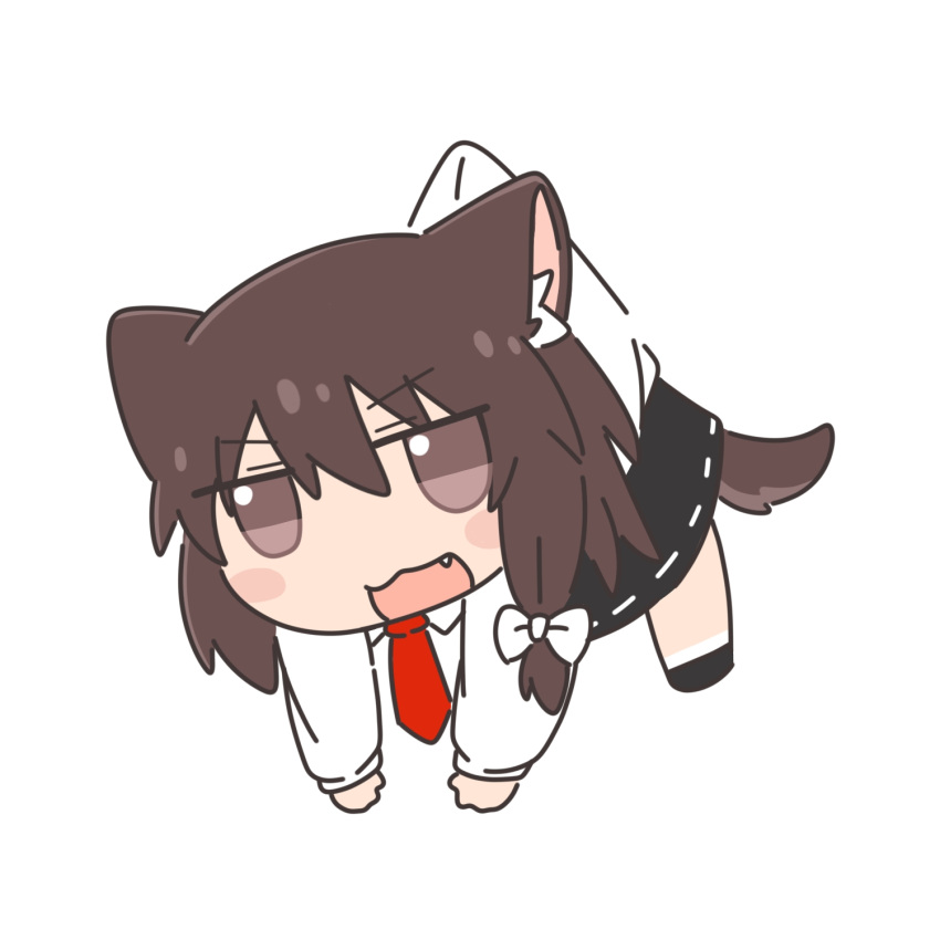1girl :3 animal_ear_fluff animal_ears black_shoes black_skirt blush_stickers bow brown_eyes brown_hair chibi collared_shirt commentary dog_ears dog_tail fang hair_bow highres holding holding_mini_person jitome kemonomimi_mode kokoda402989934 lifting_person mini_person minigirl necktie no_headwear open_mouth red_necktie ribbon-trimmed_skirt ribbon_trim shirt shoes simple_background skirt socks solo tail touhou usami_renko white_background white_bow white_shirt white_socks