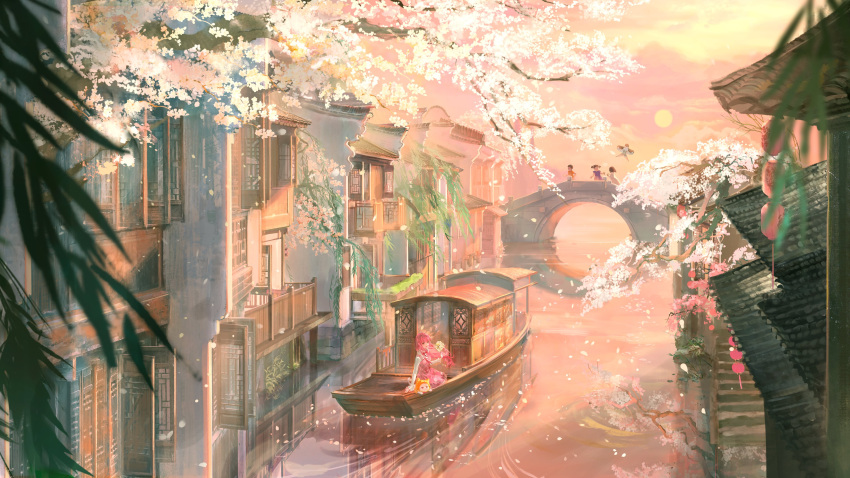 1girl absurdres animal architecture argyle_clothes argyle_dress artist_request bloom_poetry_(shining_nikki) bow bowtie bridge brown_eyes cat cherry_blossoms cloak clothed_animal clothes_writing clouds commentary dress ear_covers east_asian_architecture english_commentary eyelashes floating_hair flower frilled_sleeves frills full_body hand_fan happy highres holding holding_fan hood hood_up hooded_cloak long_hair long_sleeves looking_ahead lying momo_(nikki) nikki_(nikki) nikki_(series) official_art official_wallpaper on_stomach open_mouth orange_sky outdoors people pinafore_dress pink_dress pink_hair red_bow red_bowtie reflection reflective_liquid river scenery shining_nikki shirt short_dress sky sleeveless sleeveless_dress sleeves_past_wrists smile spring_(season) sun sunset town tuanshan very_long_hair white_cat white_flower white_shirt wide_shot willow wind yellow_cloak