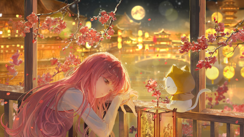 1girl animal architecture argyle_clothes argyle_dress artist_request bloom_poetry_(shining_nikki) bow bowtie brown_eyes cat cherry_blossoms cloak closed_eyes clothed_animal collared_shirt commentary_request dress ear_covers east_asian_architecture falling_petals flower frilled_shirt_collar frilled_sleeves frills full_moon head_on_hand high_collar highres hood hood_up hooded_cloak lake lantern light_particles long_hair long_sleeves momo_(nikki) moon night nikki_(nikki) nikki_(series) nose_bubble official_art onsen outdoors own_hands_together paper_lantern parted_lips petals pinafore_dress pink_dress pink_flower pink_hair red_bow red_bowtie second-party_source shining_nikki shirt sidelocks sitting sky sleeping sleeveless sleeveless_dress sleeves_past_wrists textless_version town traditional_bowtie upper_body whiskers white_cat white_shirt yellow_cloak