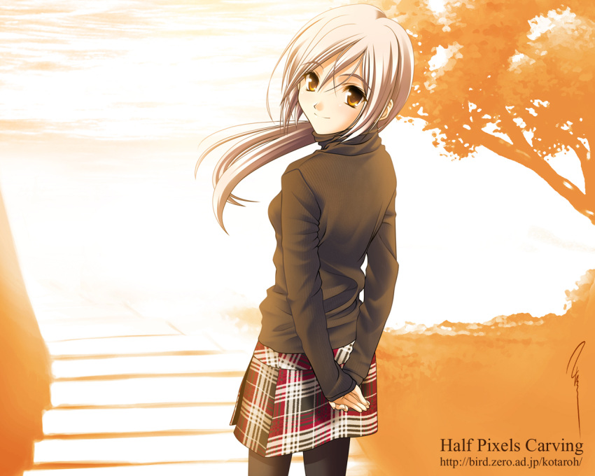 aizawa_kotaroh autumn blonde_hair half_pixels_carving orange_eyes original pantyhose plaid skirt smile solo stairs sweater tree turtleneck