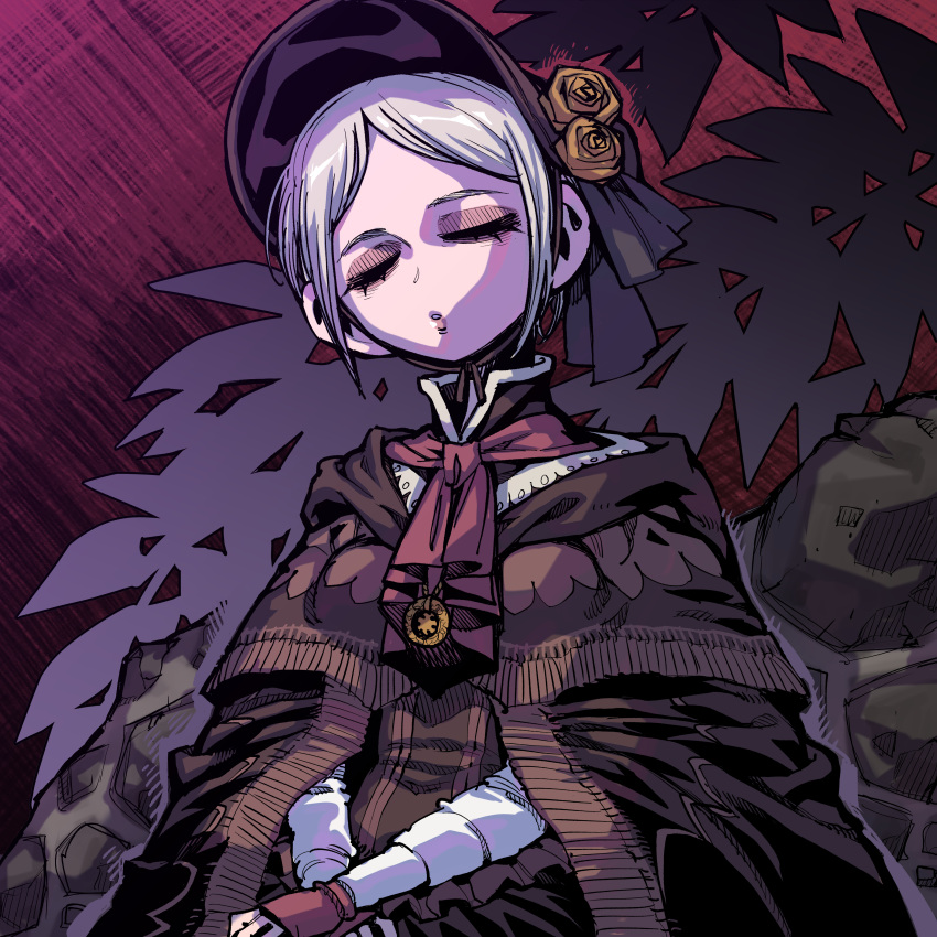 1girl :o absurdres ascot bloodborne bodice bonnet brown_bodice brown_cloak cloak closed_eyes commentary doll doll_joints dress eyelashes fern fingerless_gloves flower gloves hair_flower hair_ornament highres joints leaf lips little_mojoi plain_doll red_ascot red_gloves rock rose sleeping solo white_hair yellow_flower yellow_rose