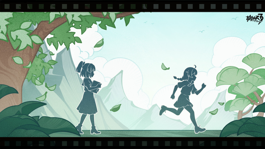 2girls ahoge blue_sky book chinese_commentary commentary_request copyright_logo dress game_cg highres holding holding_book honkai_(series) honkai_impact_3rd kiana_kaslana logo multiple_girls nature official_art raiden_mei shirt shoes short_hair skirt sky tree