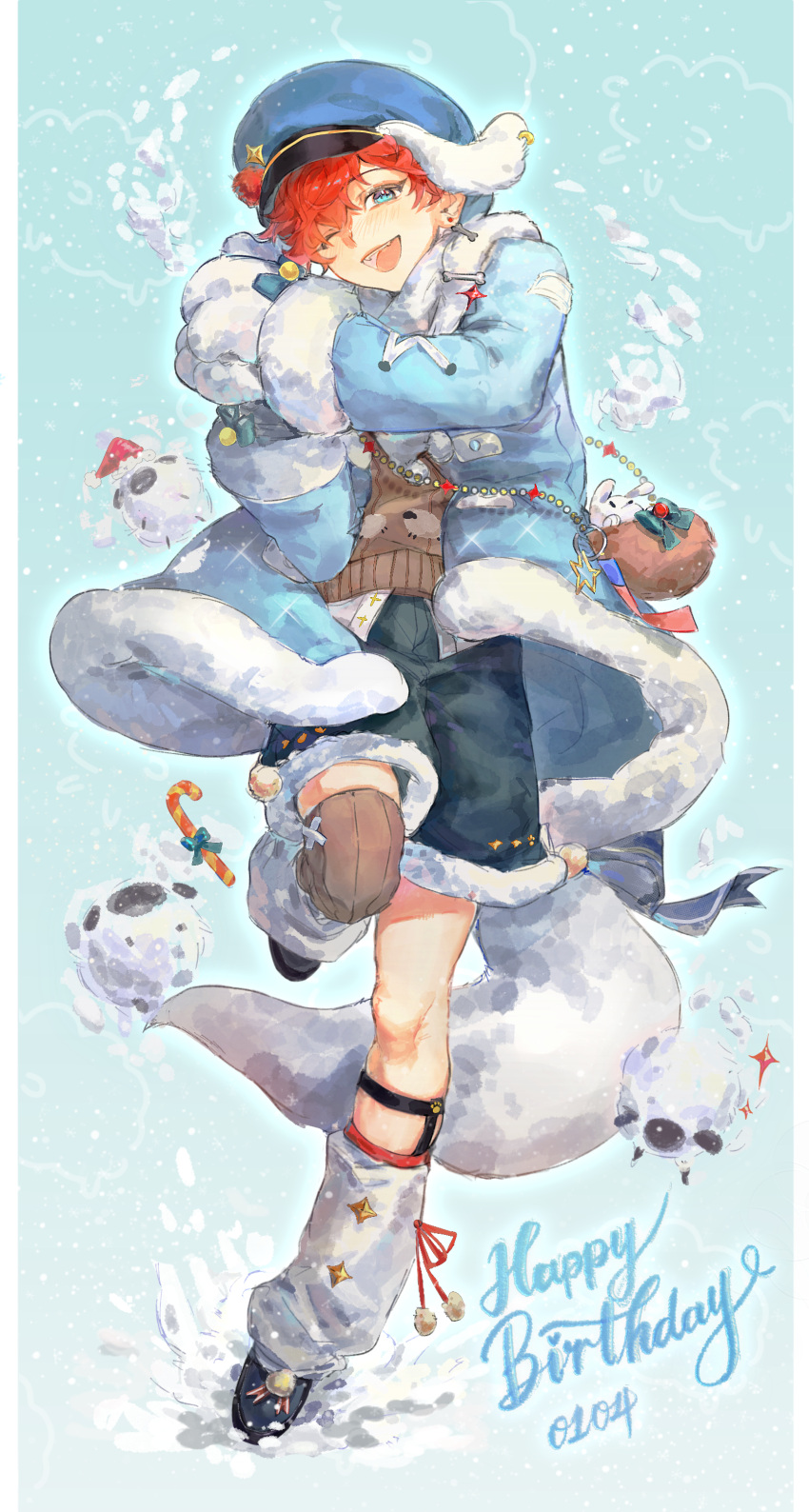1boy absurdres amagi_hiiro animal_ears animal_hands black_shoes blue_background blue_coat blue_eyes blue_hat blue_shorts bone_earrings brown_sweater candy candy_cane chinese_commentary coat commentary_request crossbody_bag dated dog_boy dog_ears dog_paws dog_tail ensemble_stars! fangs food full_body hair_between_eyes happy_birthday hat highres ivy1048821 leg_warmers legwear_garter long_sleeves looking_at_viewer male_focus official_alternate_costume one_eye_closed open_mouth pillarboxed red_hair sheep shoes short_hair shorts simple_background snow snowing solo spotlight_time_(ensemble_stars!) standing sweater tail teeth upper_teeth_only white_leg_warmers