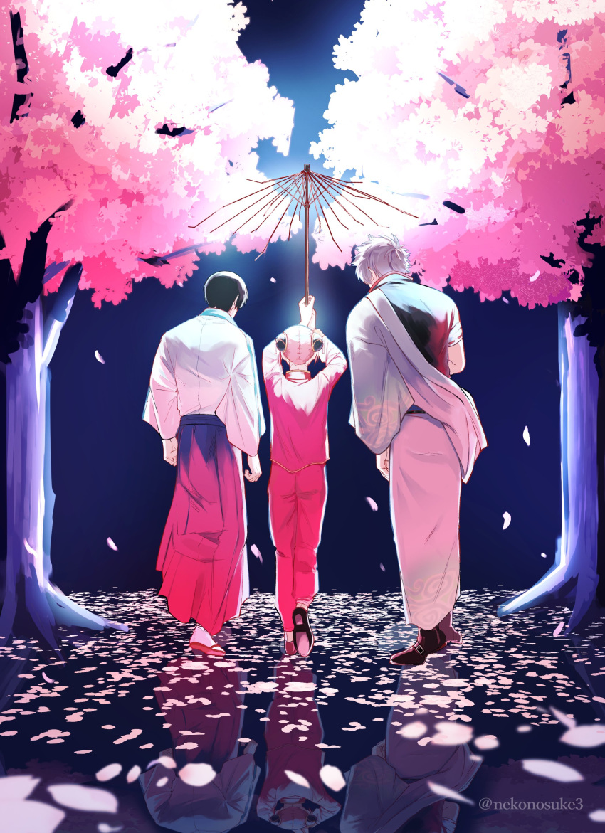 1girl 2boys absurdres bun_cover cherry_blossoms china_dress chinese_clothes commentary_request double_bun dress gintama hair_bun highres japanese_clothes kagura_(gintama) kimono multiple_boys open_clothes open_kimono orange_hair pine_neko sakata_gintoki shimura_shinpachi umbrella white_hair