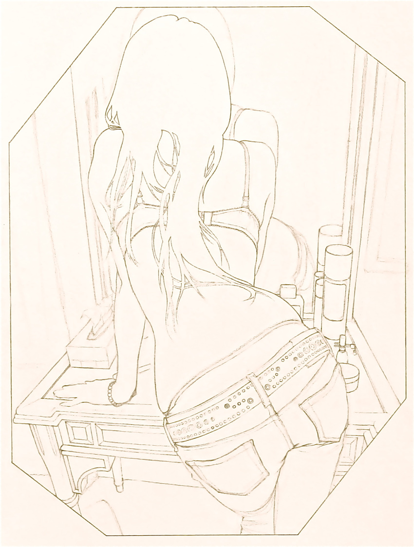 from_behind highres jeans lineart lingerie long_hair mirror monochrome solo tempo1983 underwear