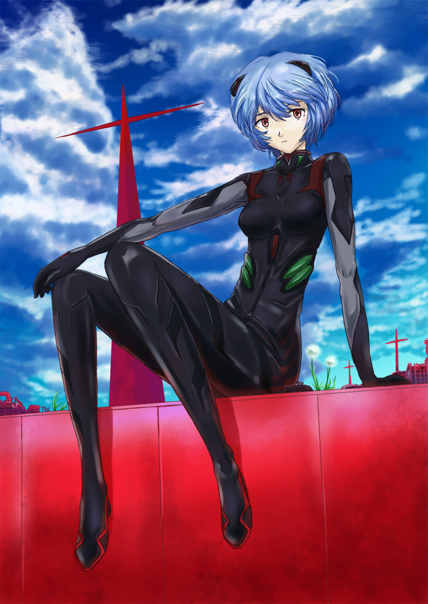 1girl ayanami_rei blue_hair evangelion:_3.0_you_can_(not)_redo highres miraioranji neon_genesis_evangelion plugsuit rebuild_of_evangelion red_eyes short_hair sitting solo