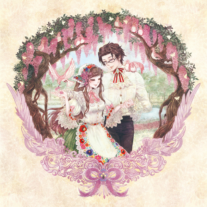 1girl apron austria_(hetalia) axis_powers_hetalia bird bow brown_hair butterfly closed_eyes couple floral_print flower frills glasses hair_flower hair_ornament head_scarf highres holding_hands hungary_(hetalia) lace lilac mole nest ribbon takatora traditional_clothes tree