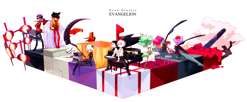 2boys 4girls animal_hat ayanami_rei blue_eyes blue_hair book brown_hair cassette_player cat_hat cherry_blossoms entry_plug evangelion:_3.0_you_can_(not)_redo glasses hat highres ikari_shinji instrument judy6241 katsuragi_misato long_hair makinami_mari_illustrious multiple_boys multiple_girls nagisa_kaworu neon_genesis_evangelion orange_hair piano piano_bench plugsuit purple_hair rebuild_of_evangelion red_eyes scythe shikinami_asuka_langley short_hair sitting smile souryuu_asuka_langley track_jacket tree twintails