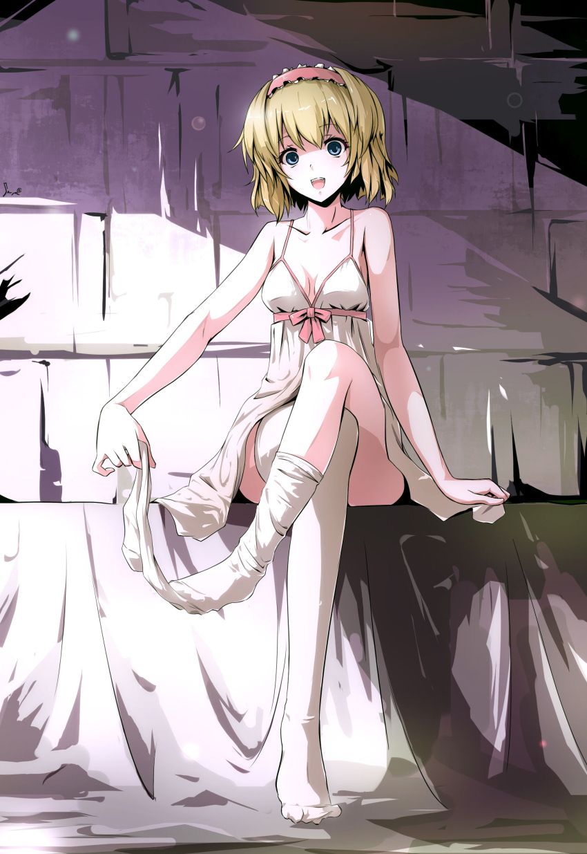 absurdres alice_margatroid arm_support blonde_hair blue_eyes breasts chemise cleavage collarbone crossed_legs feet hairband highres legs lingerie loose_thighhigh new_bee open_mouth sam_(new_bee) short_hair sitting solo thigh-highs thighhighs thighhighs_pull touhou underwear undressing white_legwear white_thighhighs