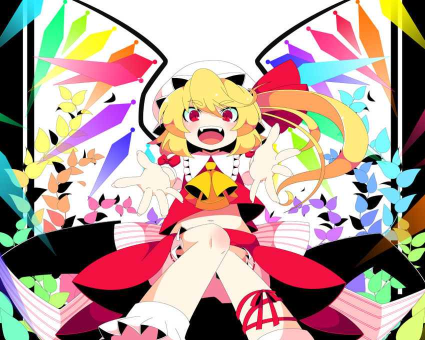 :d bloomers colorful fangs flandre_scarlet foreshortening hat looking_at_viewer mzh no_nose open_mouth outstretched_arms outstretched_hand red_eyes side_ponytail slit_pupils smile solo touhou wings