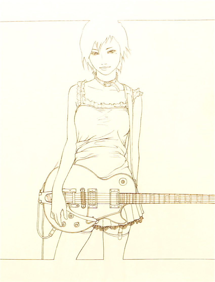 dress garter_straps gibson guitar highres instrument les_paul lineart monochrome short_hair solo tempo1983 thigh-highs thighhighs