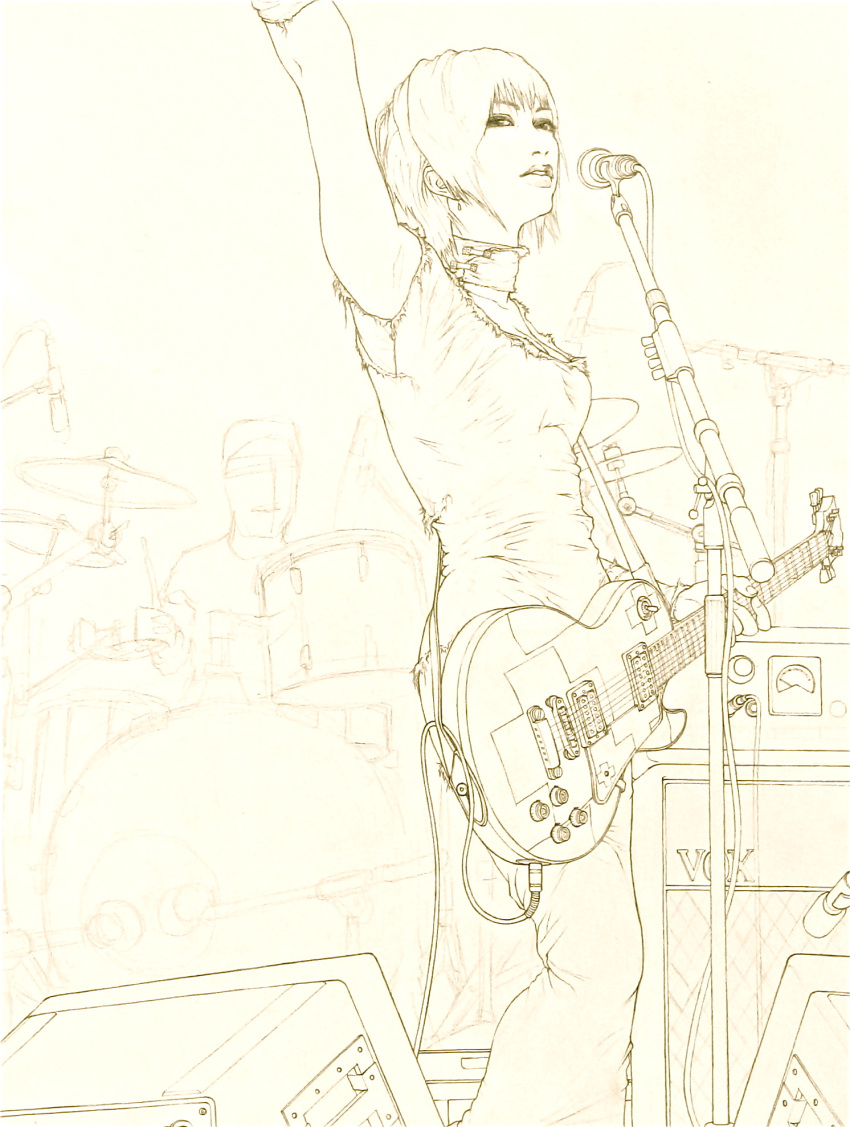 arm_up bob_cut cable choker drum drum_set gibson guitar highres instrument les_paul lineart microphone microphone_stand monochrome short_hair sketch solo tempo1983