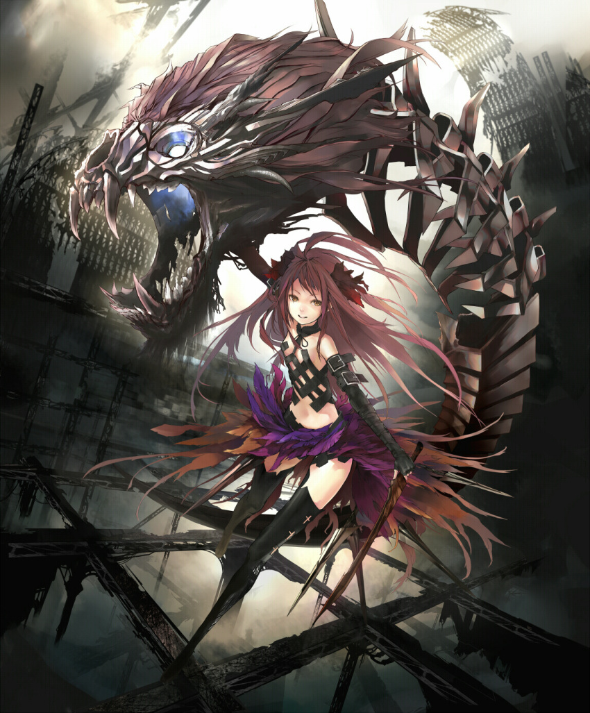 boots cybele_(lord_of_vermilion) dual_wielding elbow_gloves feathers gloves hair_ornament highres legs long_hair lord_of_vermilion monster nil pink_hair sword thigh-highs thigh_boots thighhighs weapon yellow_eyes