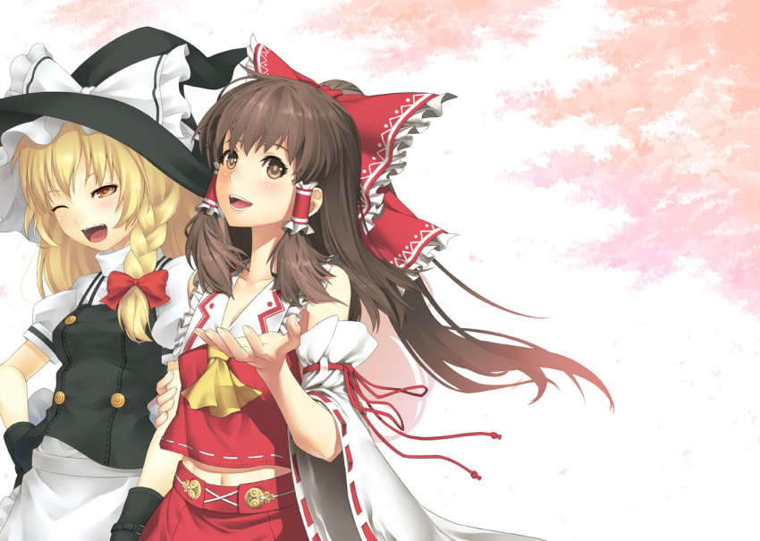 aka_(shoumae) bad_id blonde_hair bow braid brown_eyes brown_hair detached_sleeves hair_bow hakurei_reimu hat kirisame_marisa multiple_girls touhou witch_hat yellow_eyes