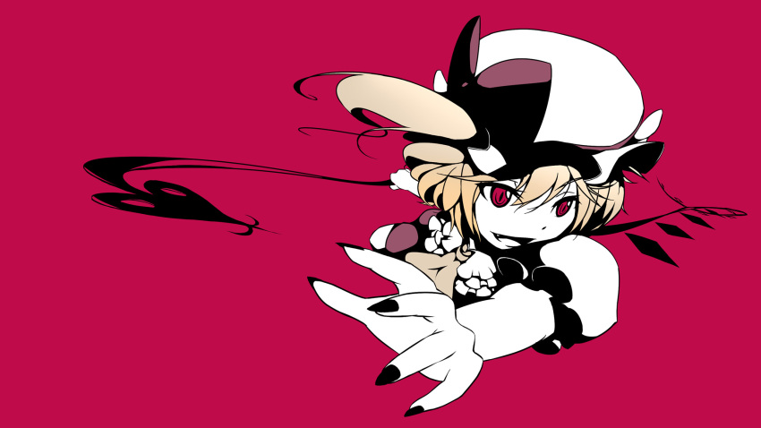 attack blonde_hair bow bust dise fang flandre_scarlet flat_color flying hat highres nail_polish pink_eyes red red_background side_ponytail simple_background solo touhou wallpaper wings