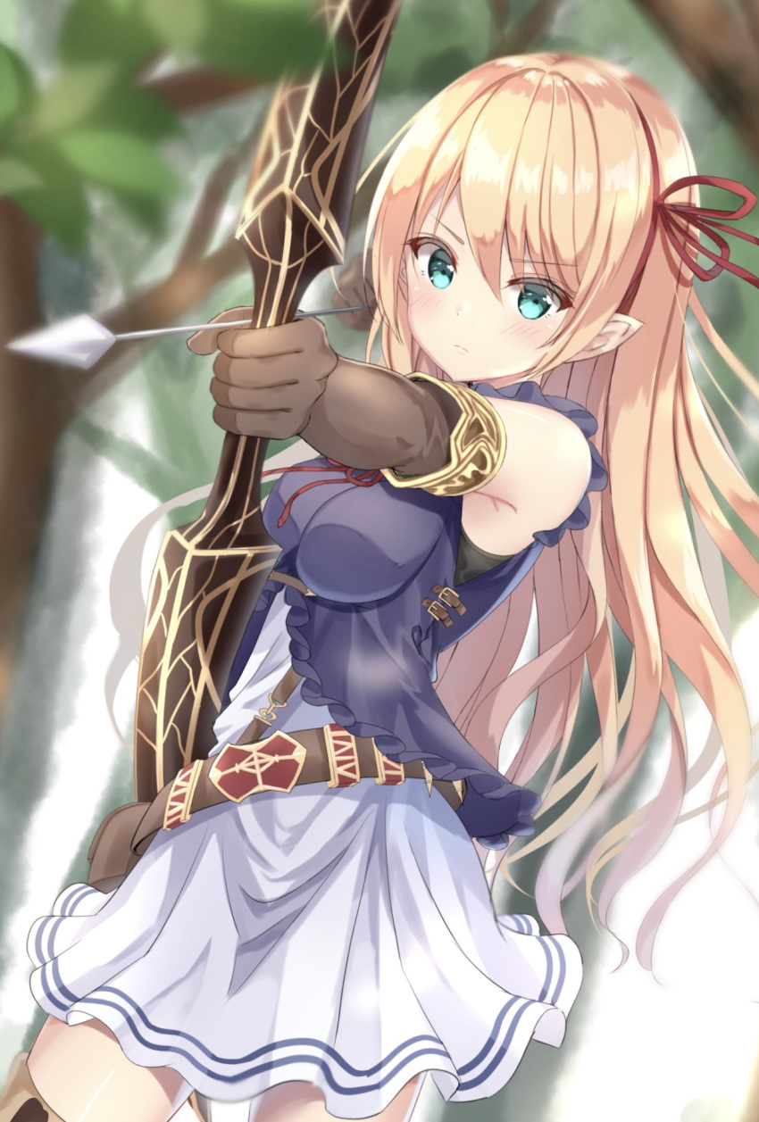 1girl aqua_eyes archery arisa_(shadowverse) armlet armpit_crease arrow belt blonde_hair blurry blush bow_(weapon) breasts commentary_request cowboy_shot day depth_of_field dress elbow_gloves eyebrows_visible_through_hair forest furrowed_eyebrows gloves hair_between_eyes hair_ribbon highres impossible_clothes kichi_(kichifav) layered_dress light_frown long_hair looking_at_viewer medium_breasts nature outdoors pointy_ears ribbon shadowverse solo weapon white_dress
