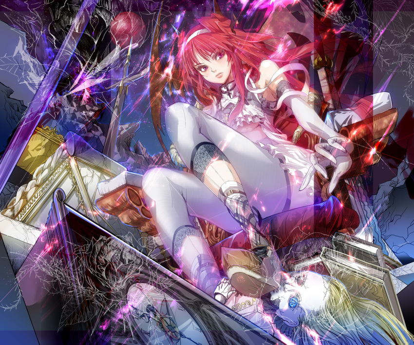 book clock cracked_skin elbow_gloves gloves grandfather_clock headband original pink_eyes red_hair redhead sitting solo sword tanupo thigh-highs thighhighs throne weapon wings