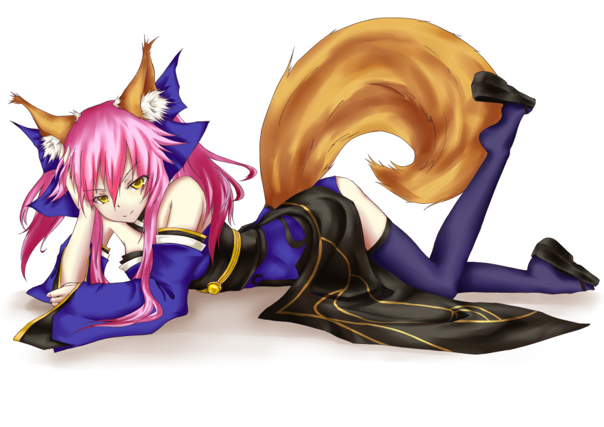 animal_ears bad_id breasts caster_(fate/extra) cheungchz clog_sandals fate/extra fate/stay_night fate_(series) fox_ears fox_tail geta hair_ribbon highres japanese_clothes long_hair pink_hair ribbon sandals shoe_dangle simple_background solo tail thigh-highs thighhighs twintails yellow_eyes