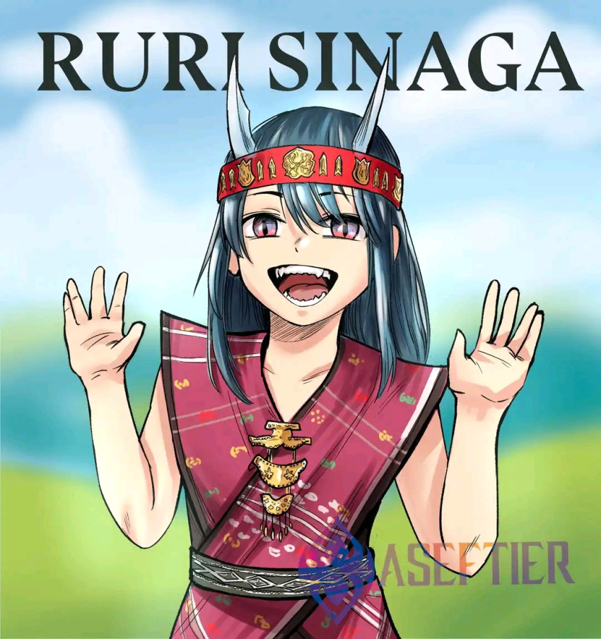 artist_name clenched_teeth dragon_girl dragon_horns fangs horns indonesian_clothes looking_at_viewer ruri_dragon slit_pupils solo teeth watermark white_horns