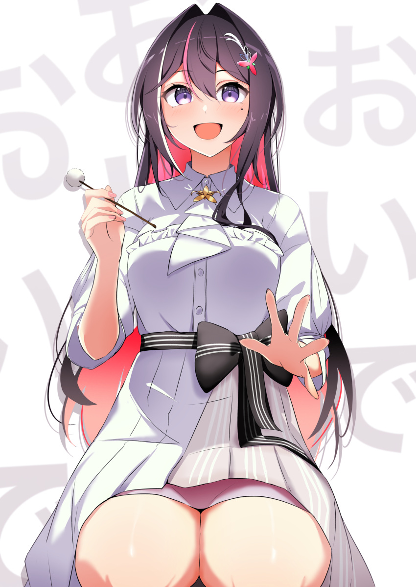 1girl :d absurdres ascot azki_(4th_costume)_(hololive) azki_(hololive) black_sash blush bow breasts brown_hair collared_dress colored_inner_hair commentary_request double-parted_bangs dress grey_dress hair_between_eyes hair_intakes hair_ornament hairclip high-low_skirt highres hololive lap_pillow_invitation long_hair looking_at_viewer medium_breasts mimikaki mole mole_under_eye multicolored_hair official_alternate_costume official_alternate_hair_length official_alternate_hairstyle open_mouth pink_hair sash seiza sitting skirt skirt_under_dress sleeves_past_elbows smile solo striped_clothes striped_dress two-tone_dress vertical-striped_clothes vertical-striped_dress very_long_hair violet_eyes virtual_youtuber waist_bow white_ascot white_background white_dress white_skirt yamaki_(yamaki801)