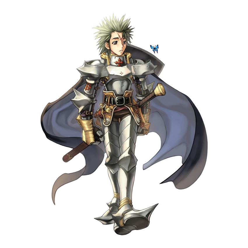 1boy 2000s_(style) armor armored_boots belt black_belt blue_butterfly blue_cape boots breastplate brown_eyes bug butterfly cape cross cross_of_prontera expressionless full_body gauntlets green_hair highres leg_armor looking_at_animal male_focus myung-jin_lee official_art paladin_(ragnarok_online) parted_lips pauldrons ragnarok_online scabbard scar scar_on_face sheath shoulder_armor simple_background solo spiky_hair standing sword tachi-e transparent_background weapon