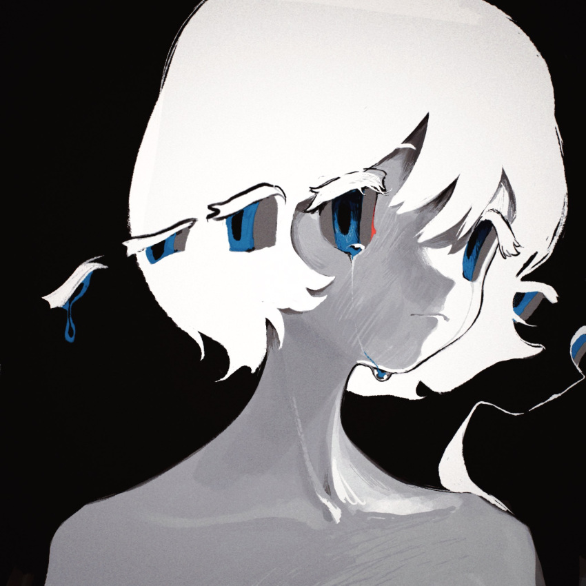 1girl abstract bare_shoulders black_background blue_eyes closed_mouth collarbone colored_eyelashes hair_between_eyes hidari_(nanmu-left) highres looking_ahead original portrait short_hair simple_background solo tears three_quarter_view white_hair
